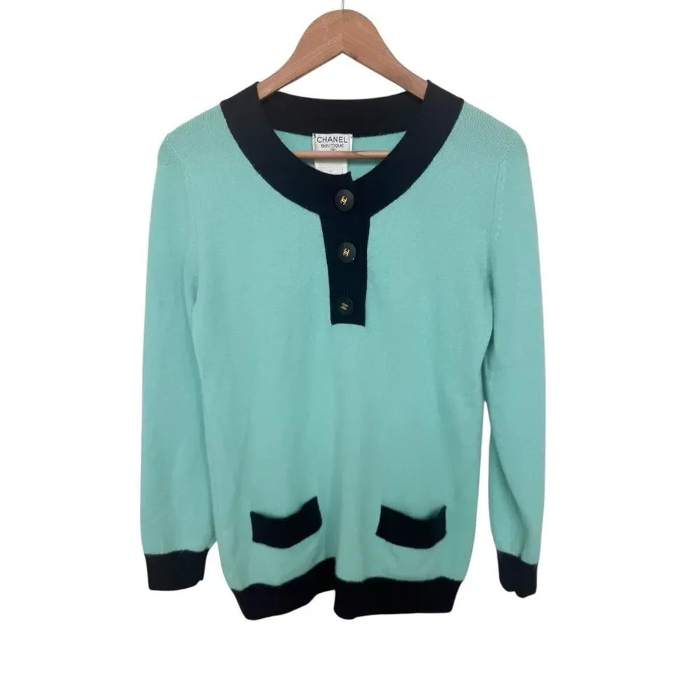 CHANEL Vintage CC Logo Sweater Knit Top Aqua   Green Dark Blue Cashmere Button